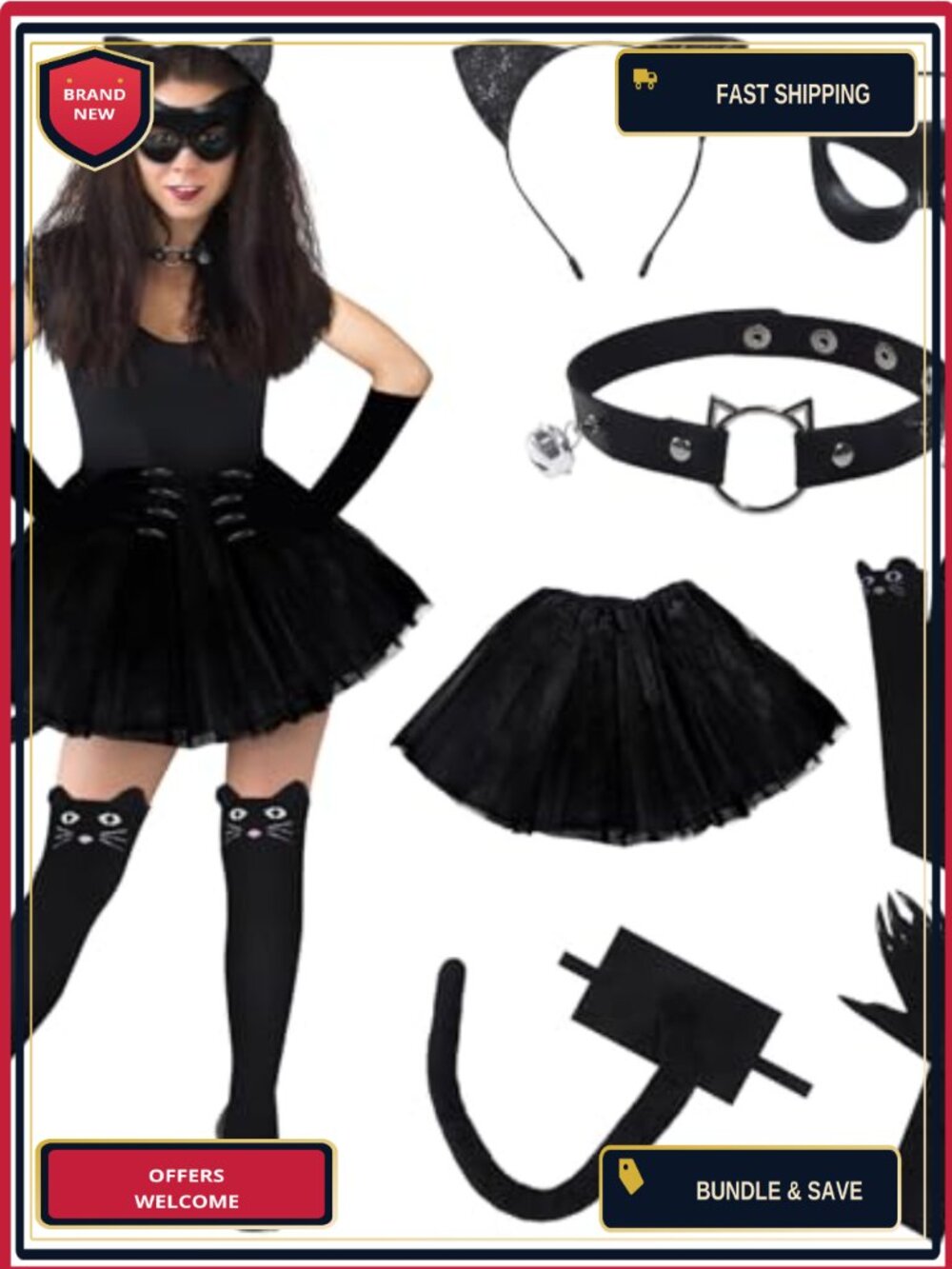 7 Pc Cat Costume Accessory Set Mask Choker Gloves Tail Headband Skirt Stockings